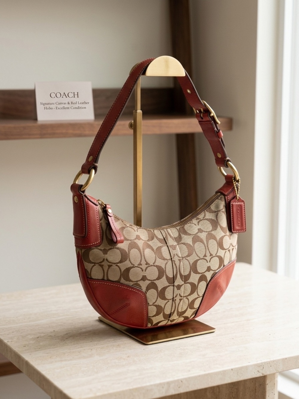Coach Tan Signature Canvas Hobo with Red Leather Trim Rare Vintage Y2K